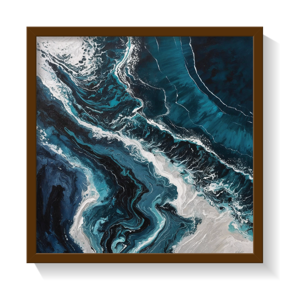 Deep ocean abstract wall art in a brown frame showcasing bold indigo and stormy blues with dynamic white flow—luxurious, moody canvas print for minimalist, nature-inspired, or modern marine decor.
