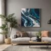 Deep ocean abstract wall art showcasing bold indigo and stormy blues with dynamic white flow—luxurious, moody canvas print for minimalist, nature-inspired, or modern marine decor.
