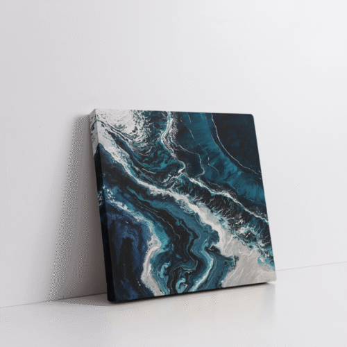 Deep ocean abstract wall art in a stretched canvas showcasing bold indigo and stormy blues with dynamic white flow—luxurious, moody canvas print for minimalist, nature-inspired, or modern marine decor.