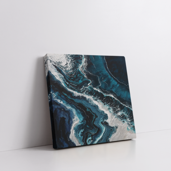 Deep ocean abstract wall art in a stretched canvas showcasing bold indigo and stormy blues with dynamic white flow—luxurious, moody canvas print for minimalist, nature-inspired, or modern marine decor.
