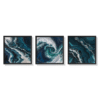 Set of 3 abstract Pacific Ocean paintings in shades of blue and white, featuring fluid wave patterns and framed in sleek black frames.