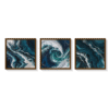 Set of 3 abstract Pacific Ocean paintings in shades of blue and white, featuring fluid wave patterns and framed in sleek brown frames.