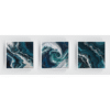 Set of 3 abstract Pacific Ocean paintings in shades of blue and white, featuring fluid wave patterns and framed in sleek white frames.