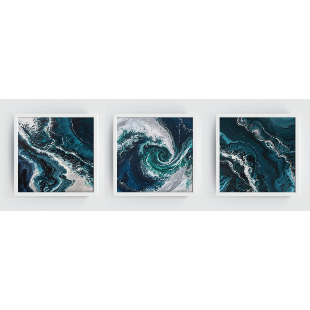 Set of 3 abstract Pacific Ocean paintings in shades of blue and white, featuring fluid wave patterns and framed in sleek white frames.