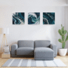 Set of 3 abstract Pacific Ocean paintings in shades of blue and white, featuring fluid wave patterns and framed in beautiful frames