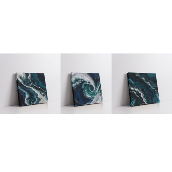 Set of 3 abstract Pacific Ocean paintings in shades of blue and white, featuring fluid wave patterns and framed in stretched canvas
