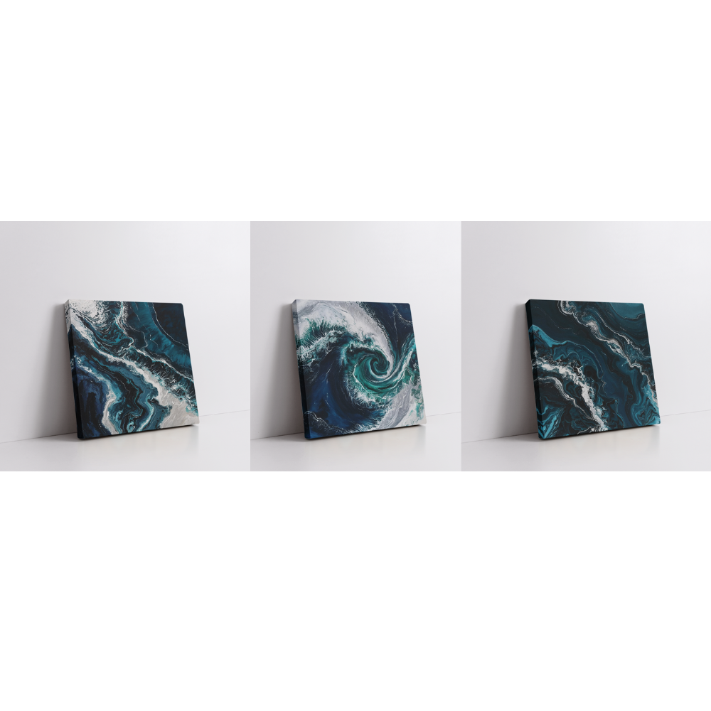 Set of 3 abstract Pacific Ocean paintings in shades of blue and white, featuring fluid wave patterns and framed in stretched canvas