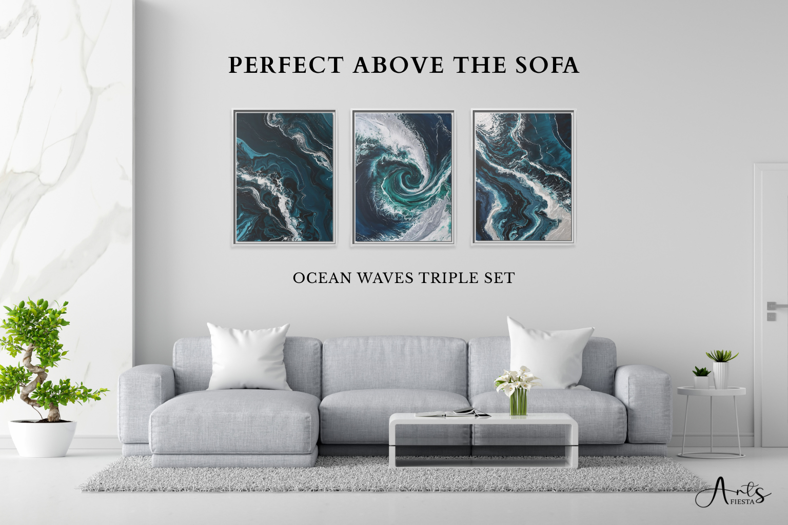Abstract ocean wave wall art set of 3 above modern gray sofa – coastal living room decor