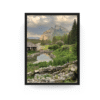 Vertical Banff cityscape print with black frame showing historic buildings and mountain backdrop