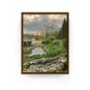 Vertical Banff cityscape print with espresso frame capturing peaceful garden and rugged mountain views