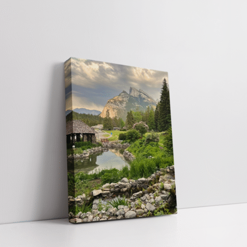 Vertical Banff cityscape stretched canvas showcasing Alberta town with dramatic sky and forest