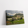 Horizontal Banff cityscape stretched canvas showing sweeping landscape of Banff city and Rockies