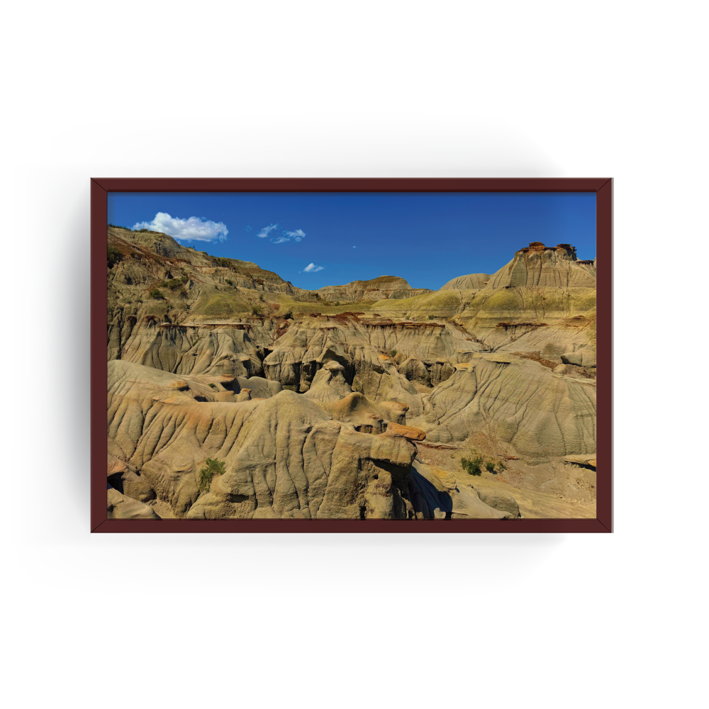 Horizontal espresso-framed print of Dinosaur Provincial Park with sunlit canyons and rugged sandstone hills.
