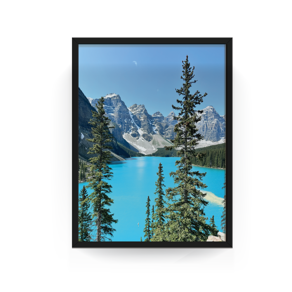 Vertical Lake Moraine Alberta print with black frame showcasing turquoise lake and mountains