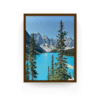 Vertical Lake Moraine Alberta print with espresso frame capturing the golden light on rocky peaks