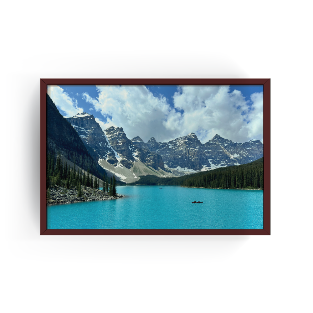 Horizontal Lake Moraine Alberta print with espresso frame capturing wide mountain valley with lake