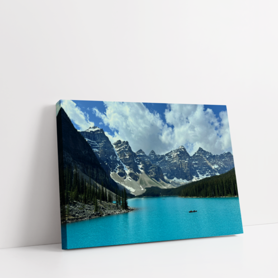 Horizontal Lake Moraine Alberta stretched canvas showcasing sweeping landscape of Moraine Lake
