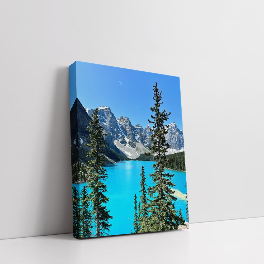 Vertical Lake Moraine Alberta stretched canvas showing vibrant mountain lake scene
