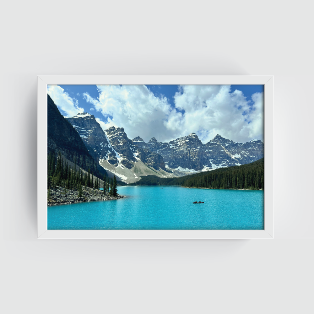 Horizontal Lake Moraine Alberta print with white frame emphasizing peaceful lake reflections and forest