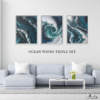 Abstract ocean wave wall art set of 3 above modern gray sofa – coastal living room decor