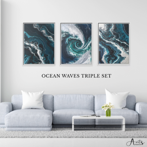 Abstract ocean wave wall art set of 3 above modern gray sofa – coastal living room decor
