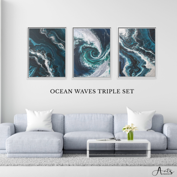 Abstract ocean wave wall art set of 3 above modern gray sofa – coastal living room decor