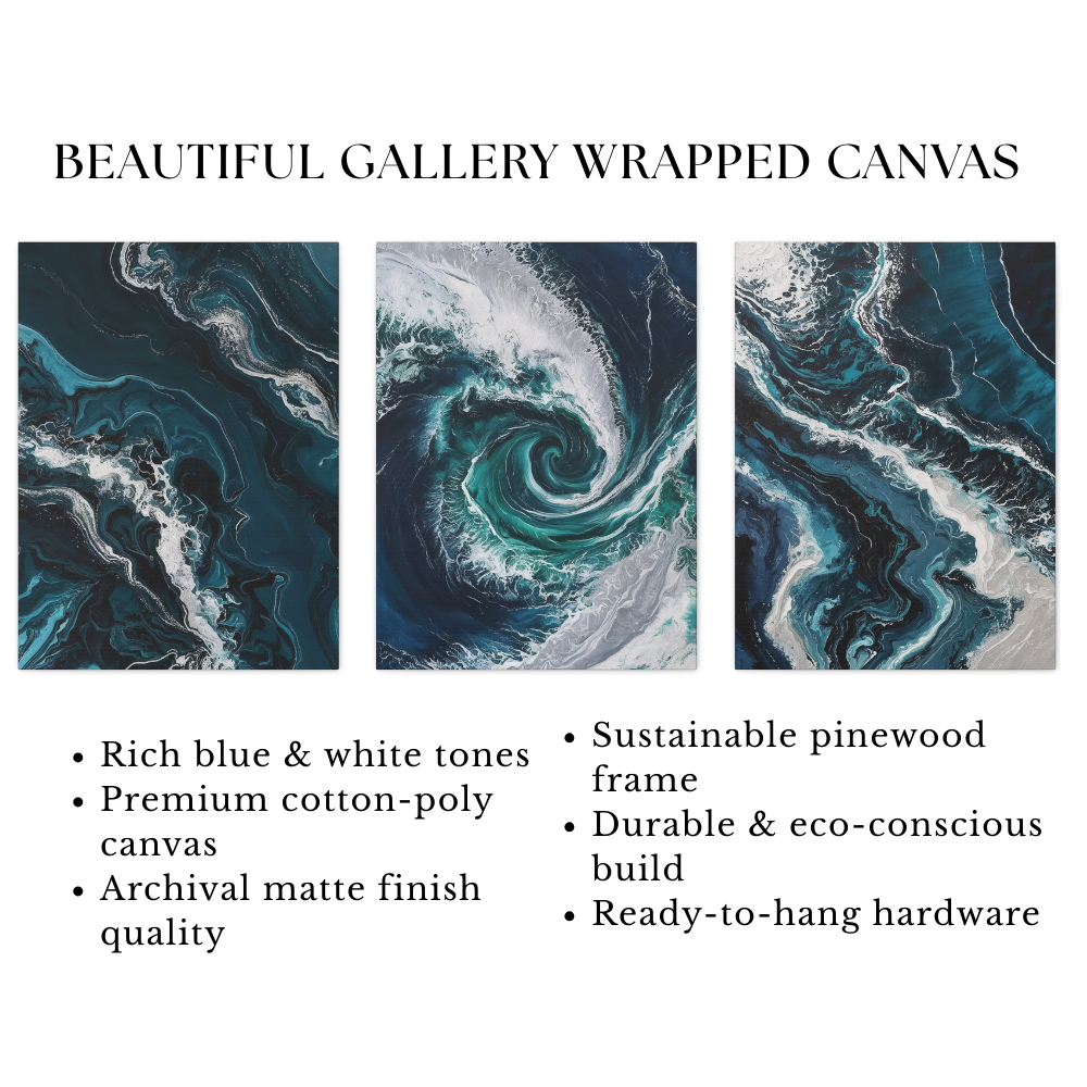 Abstract ocean wave wall art set of 3 – coastal decor for living room or office