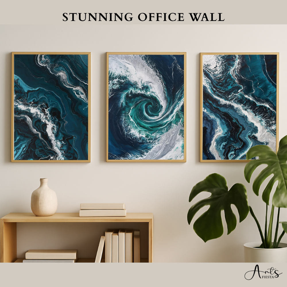 Ocean wave wall art prints set of 3 for office wall decor – abstract coastal style