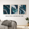 Modern coastal ocean wave wall art set of 3 for bedroom above headboard