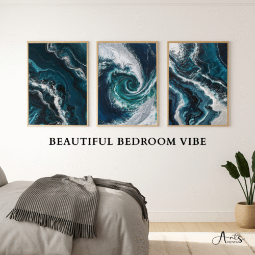 Modern coastal ocean wave wall art set of 3 for bedroom above headboard