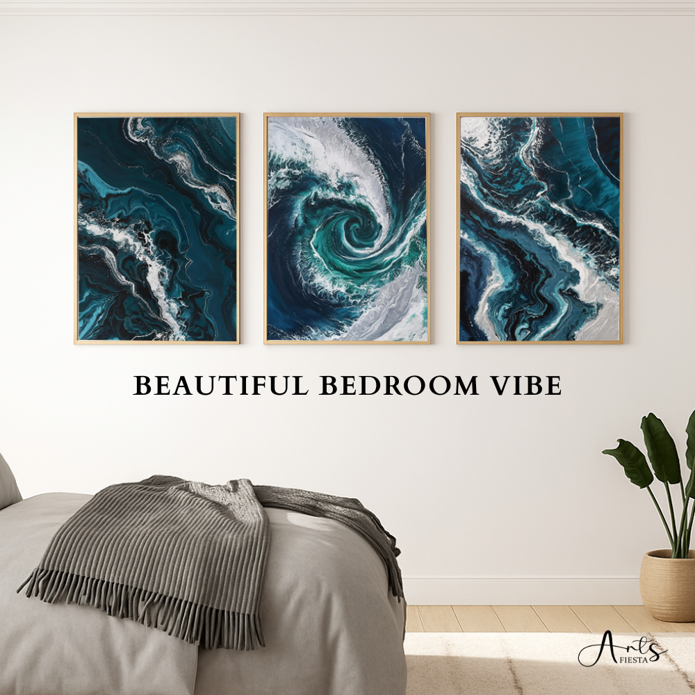 Modern coastal ocean wave wall art set of 3 for bedroom above headboard