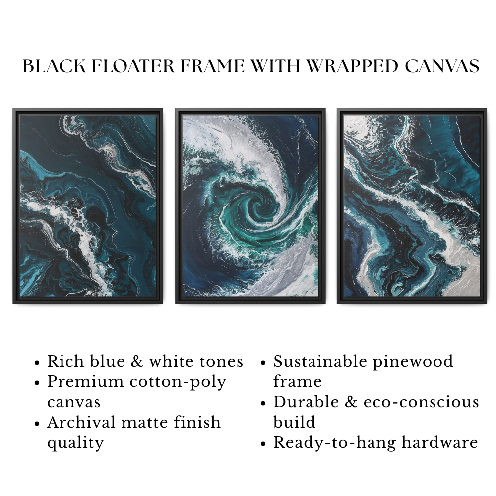 Abstract coastal wall art ocean wave set of 3 – framed living room decor