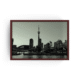 Espresso-framed monochrome Toronto skyline photo featuring CN Tower, Rogers Centre, and Ontario lake waters.