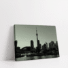 Black and white Toronto skyline print on stretched canvas with CN Tower and Rogers Centre from the lake view.
