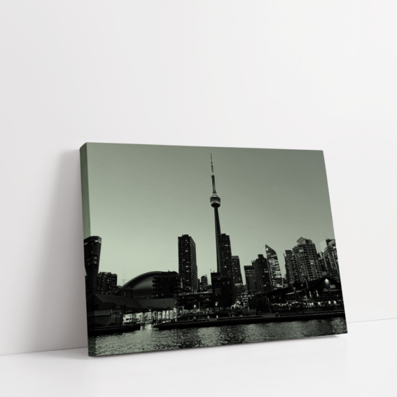 Black and white Toronto skyline print on stretched canvas with CN Tower and Rogers Centre from the lake view.