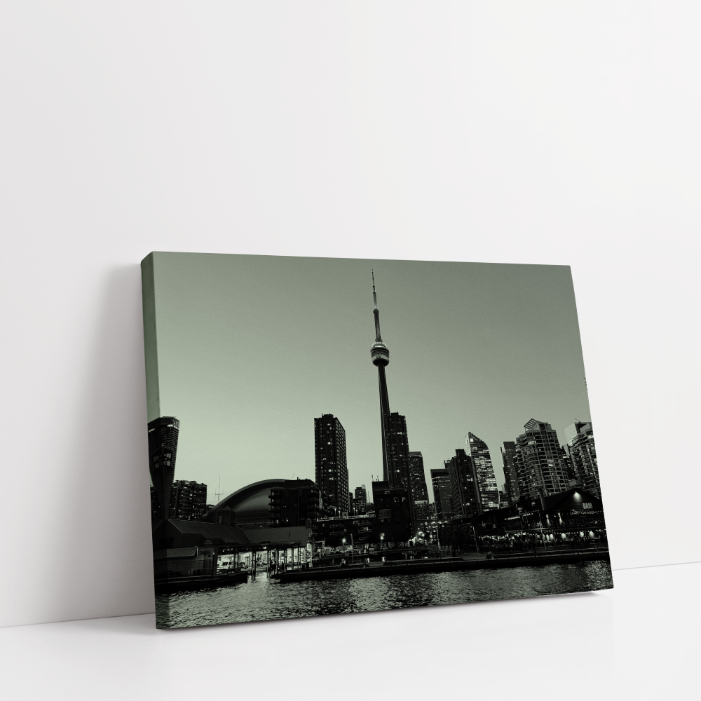 Black and white Toronto skyline print on stretched canvas with CN Tower and Rogers Centre from the lake view.