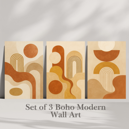 Stretched canvas option of modern boho 3-frame wall art set, abstract geometric prints in terracotta, beige, taupe, and muted gold tones.