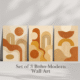 Stretched canvas option of modern boho 3-frame wall art set, abstract geometric prints in terracotta, beige, taupe, and muted gold tones.