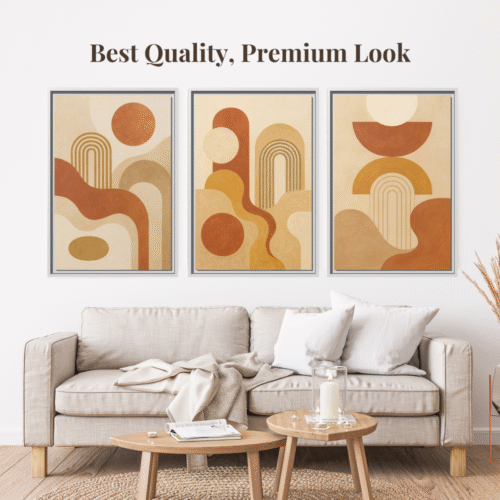 Japandi-inspired office with modern boho 3-frame wall art, showcasing stacked organic shapes and painterly textures in earthy tones.