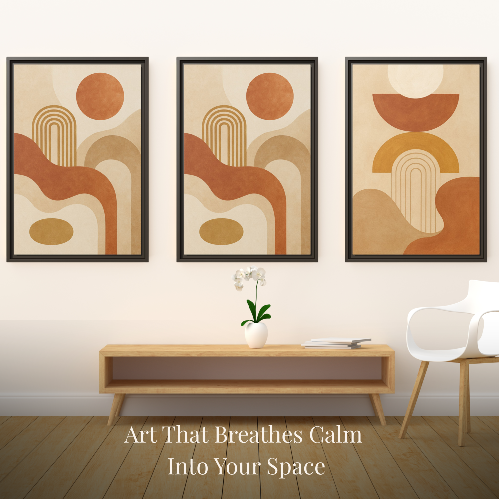 Boho mid-century modern living space with 3-frame abstract wall art set in clay, taupe, and soft brown, styled on a neutral accent wall.