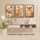 3-piece modern boho wall art set in a minimalist bedroom, featuring arches, circles, and flowing curves in warm natural tones.