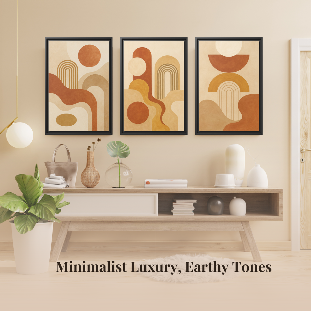 3-piece modern boho wall art set in a minimalist bedroom, featuring arches, circles, and flowing curves in warm natural tones.