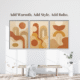 Modern boho wall art 3-frame set displayed above a living room sofa, earthy abstract geometric prints in terracotta, beige, and muted gold.