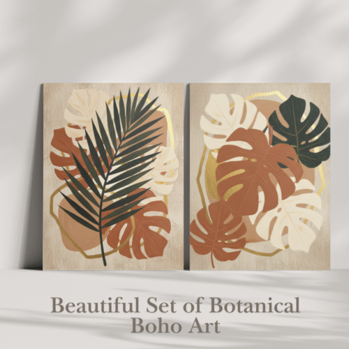Boho botanical leaf art set printed on stretched canvas, featuring tropical and abstract leaves in warm earthy colors.