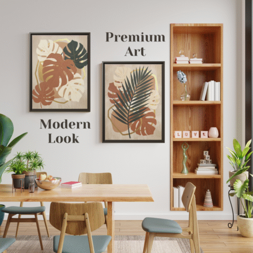 Boho botanical wall art set displayed in a modern living room with neutral decor, featuring tropical leaf prints in earthy tones.