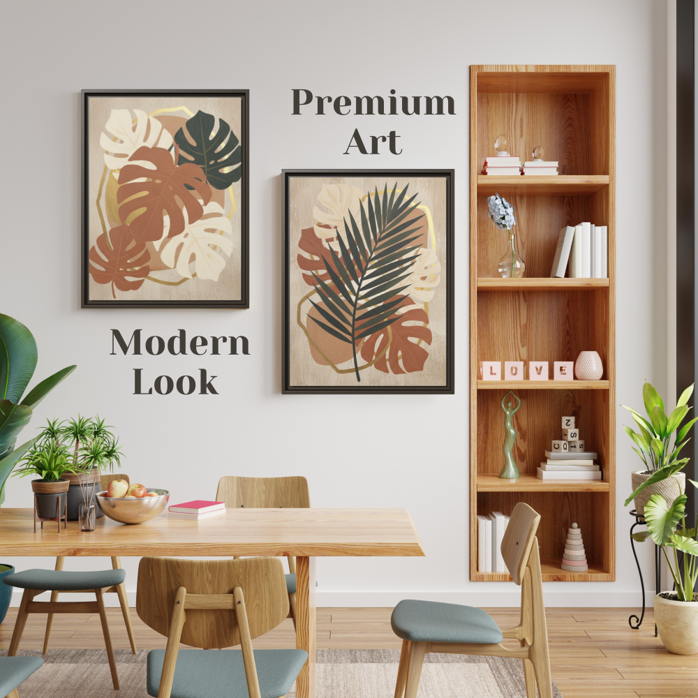 Boho botanical wall art set displayed in a modern living room with neutral decor, featuring tropical leaf prints in earthy tones.