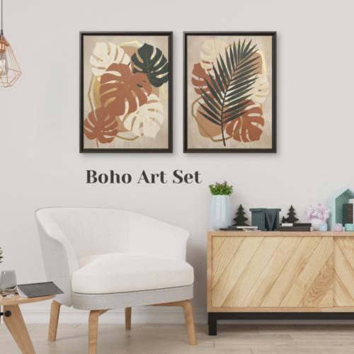 Minimalist bedroom interior with botanical boho art prints above the bed, styled with cozy neutral textiles and wooden furniture