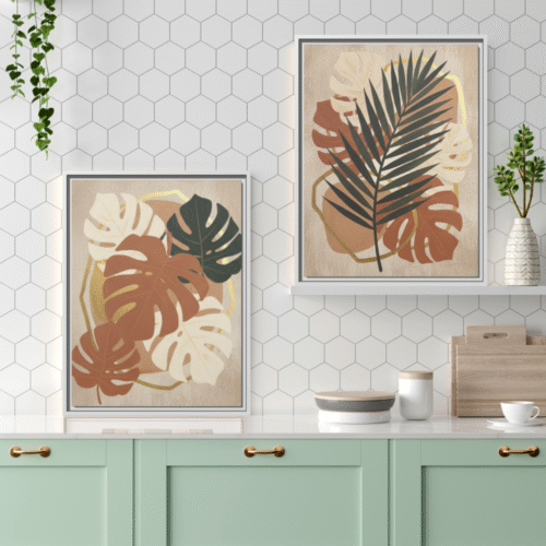 Home office with a gallery wall featuring the botanical boho art frame set, adding a modern natural touch with leaf artwork.