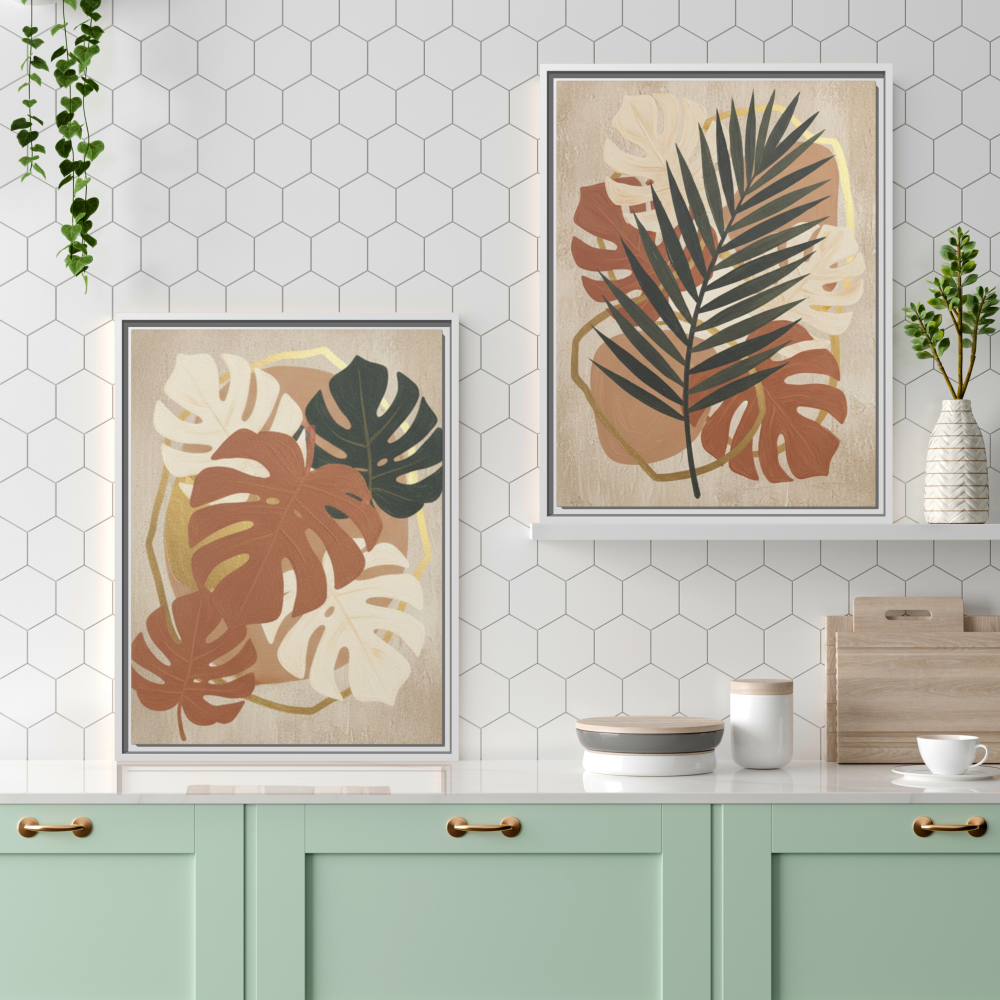 Home office with a gallery wall featuring the botanical boho art frame set, adding a modern natural touch with leaf artwork. Home office with a gallery wall featuring the botanical boho art frame set, adding a modern natural touch with leaf artwork.