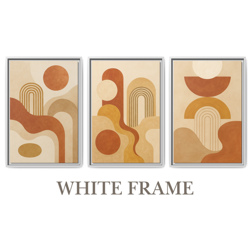 Modern boho 3-piece wall art set framed in White, Black, and Espresso, perfect for minimalist, mid-century modern, or boho home decor.